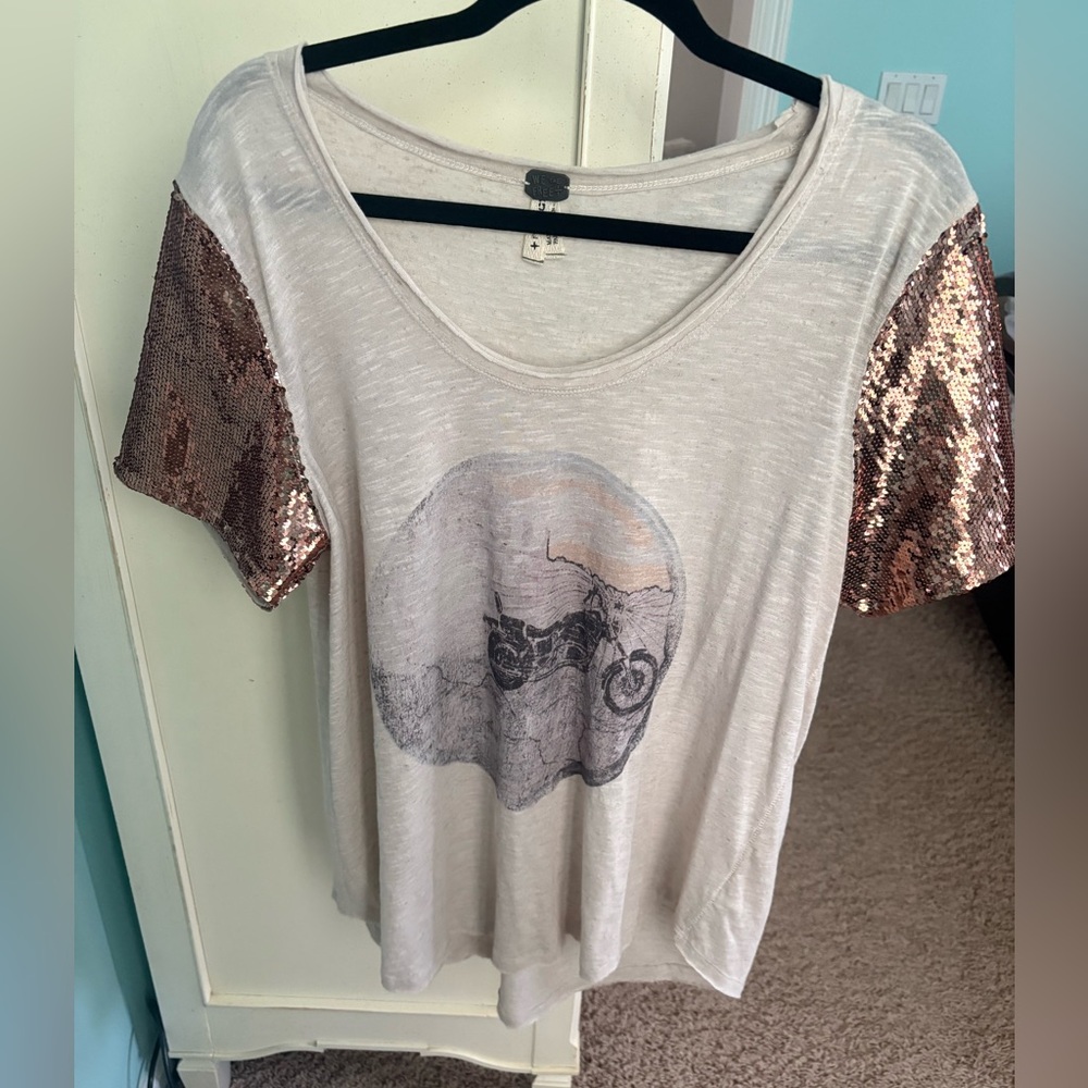 We The Free Cream Tee with Sequin Sleeves